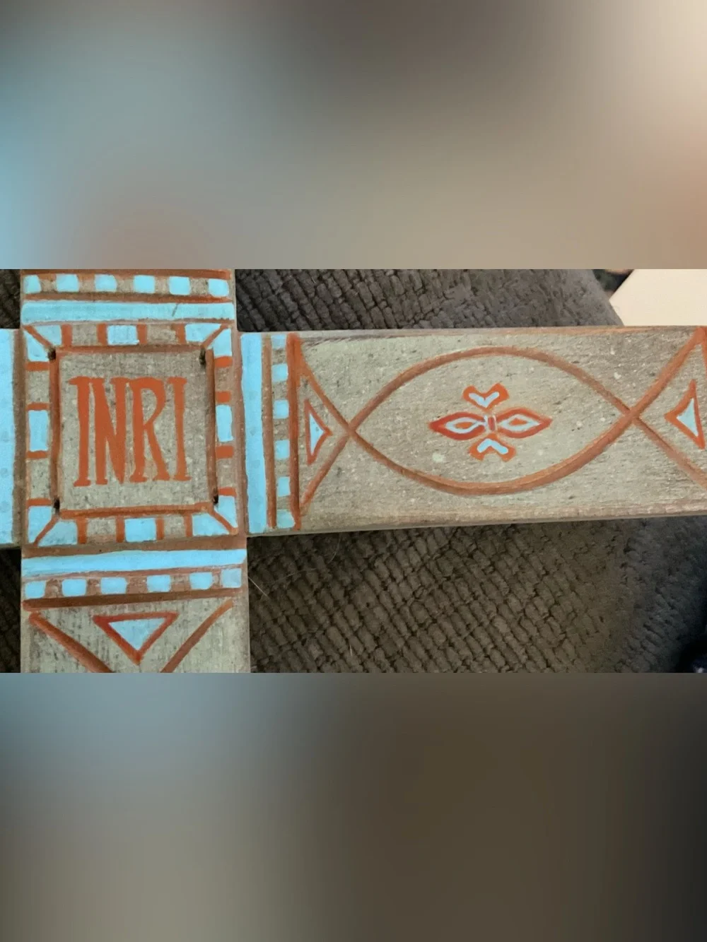 Handmade Decorative Wooden Painted Carved Wall CrossTeal and Rust -INRI Accent